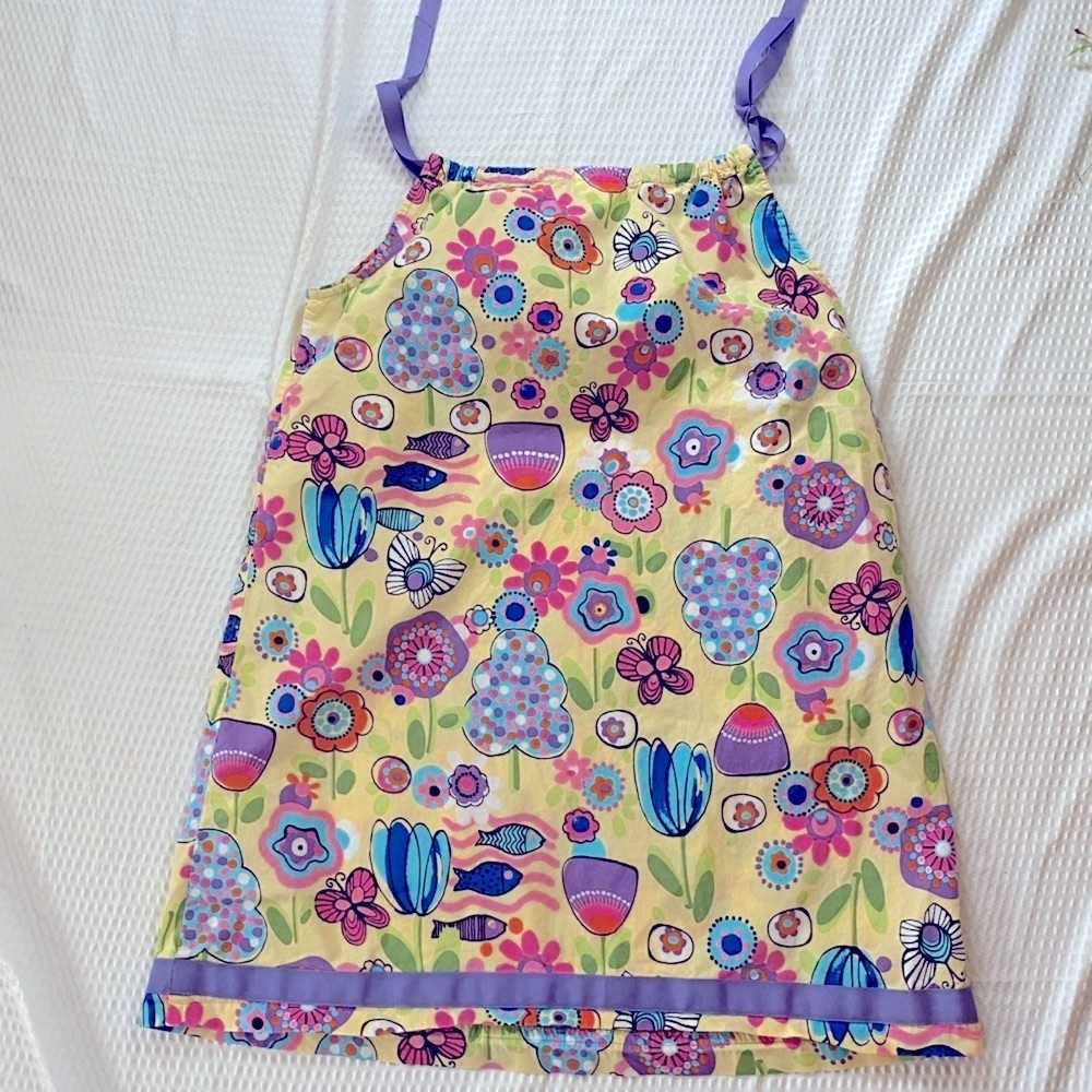 Hanna Anderson Floral Sleeveless Dress Butter Yellow Purple Shoulder Ties